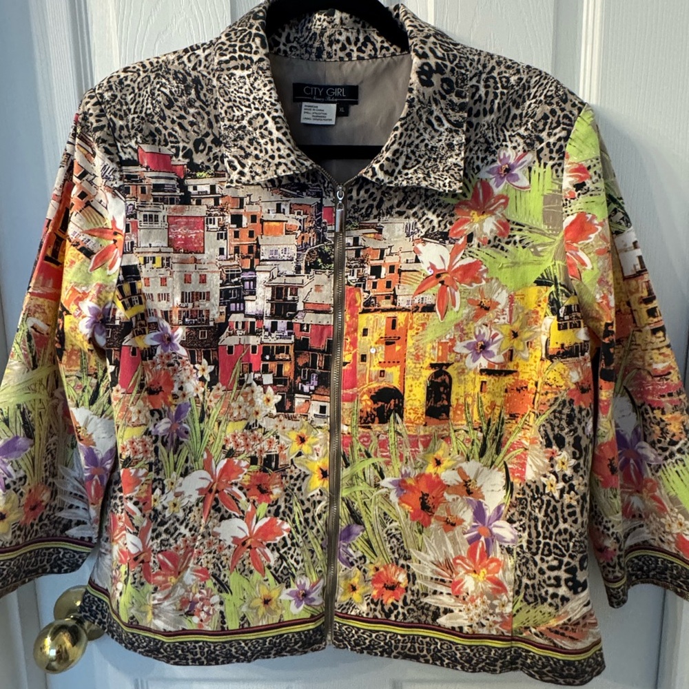 Vintage Red and Orange Artistic Blazer with Eclectic Patterns